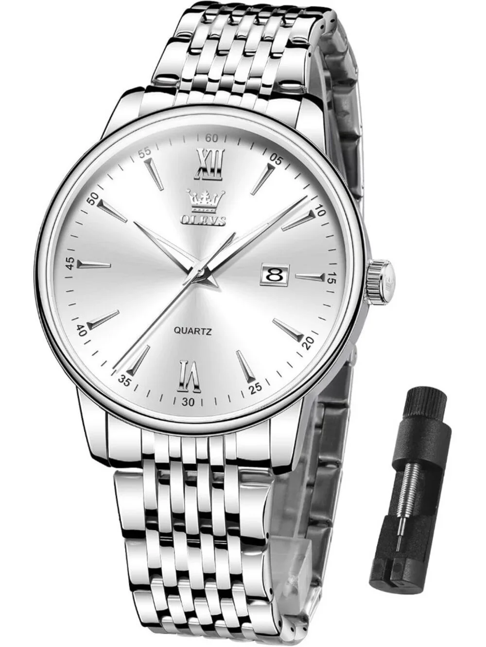 Men's Silver Big Dial Analog Quartz Stainless Steel Relojes Waterproof Watch